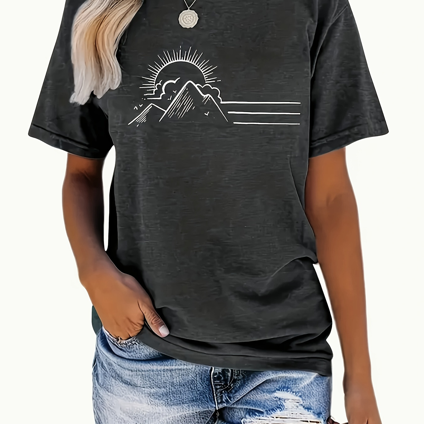 

Sunrise & Mountains Print Crew Neck T-shirt, Casual Short Sleeve T-shirt For Spring & Summer, Women's Clothing