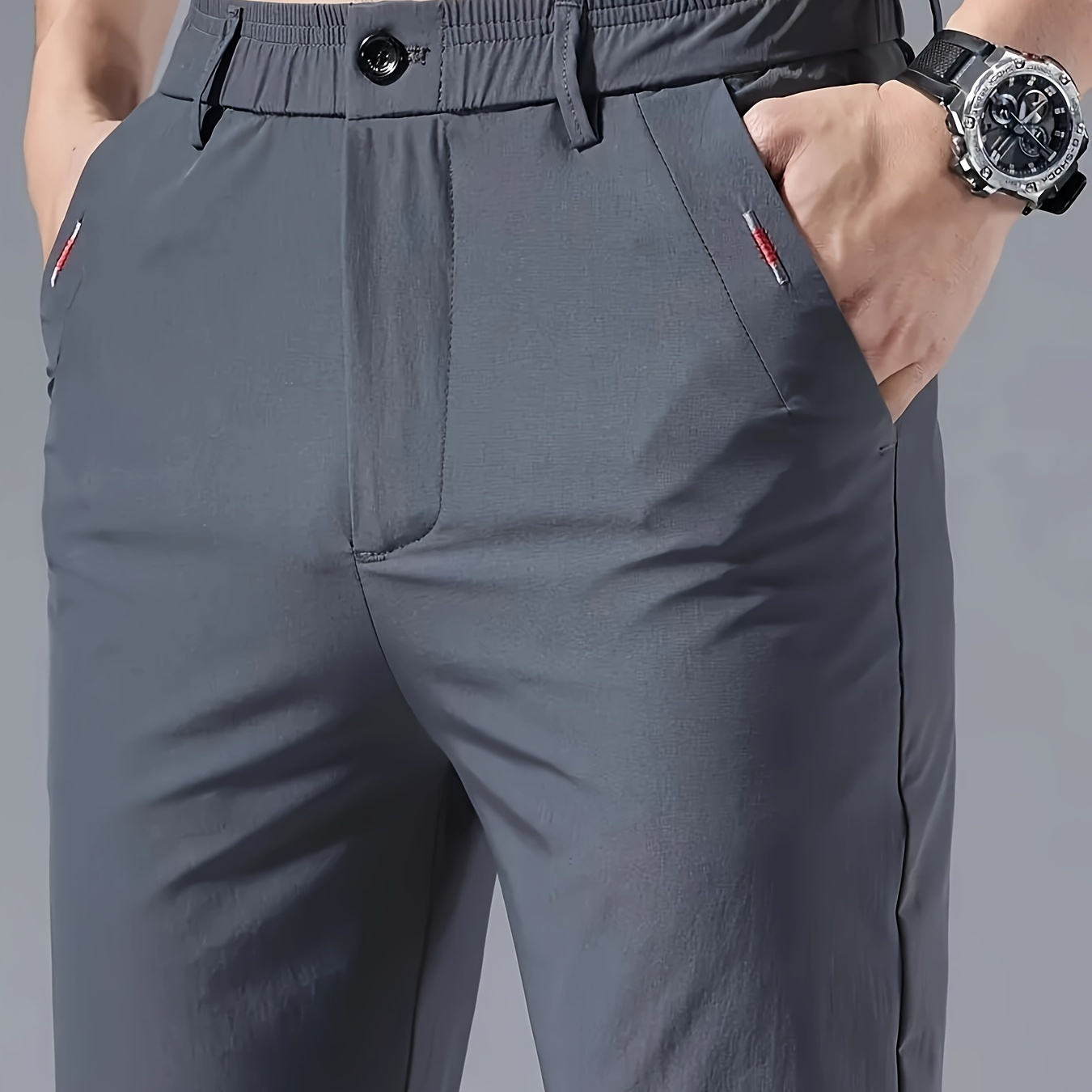 

1pc Men's Casual Pants, Summer Breathable Slim Fit Trousers With Pockets And Embroidery, Nylon Fabric, Zippered Waist, Outdoor And , Solid Color,