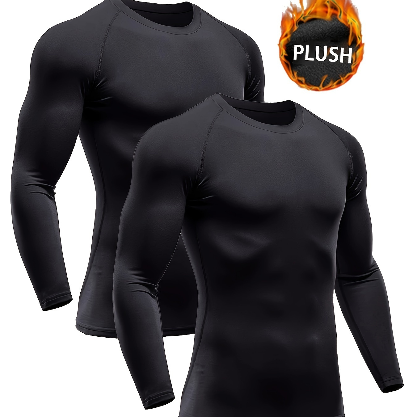 2pcs Men's Autumn Winter Warm Tops, Compression Crew Neck Shirts For Men Long Sleeve Athletic Base Layer Workout Shirt Gym Running