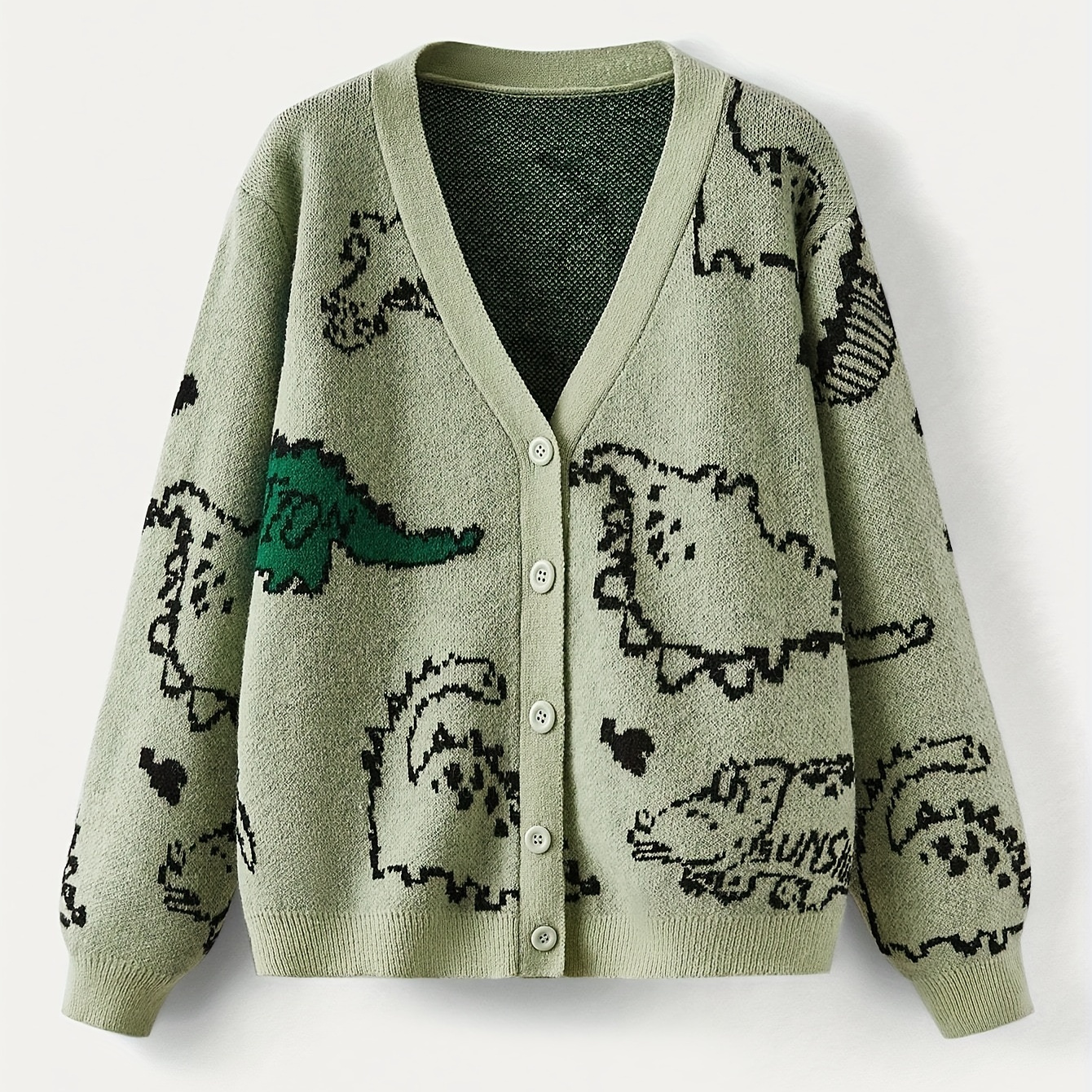 

[] Dinosaur Pattern Drop Shoulder Cardigan - Cozy Button-up V-neck With Long Sleeves, Stretchy Viscose , All