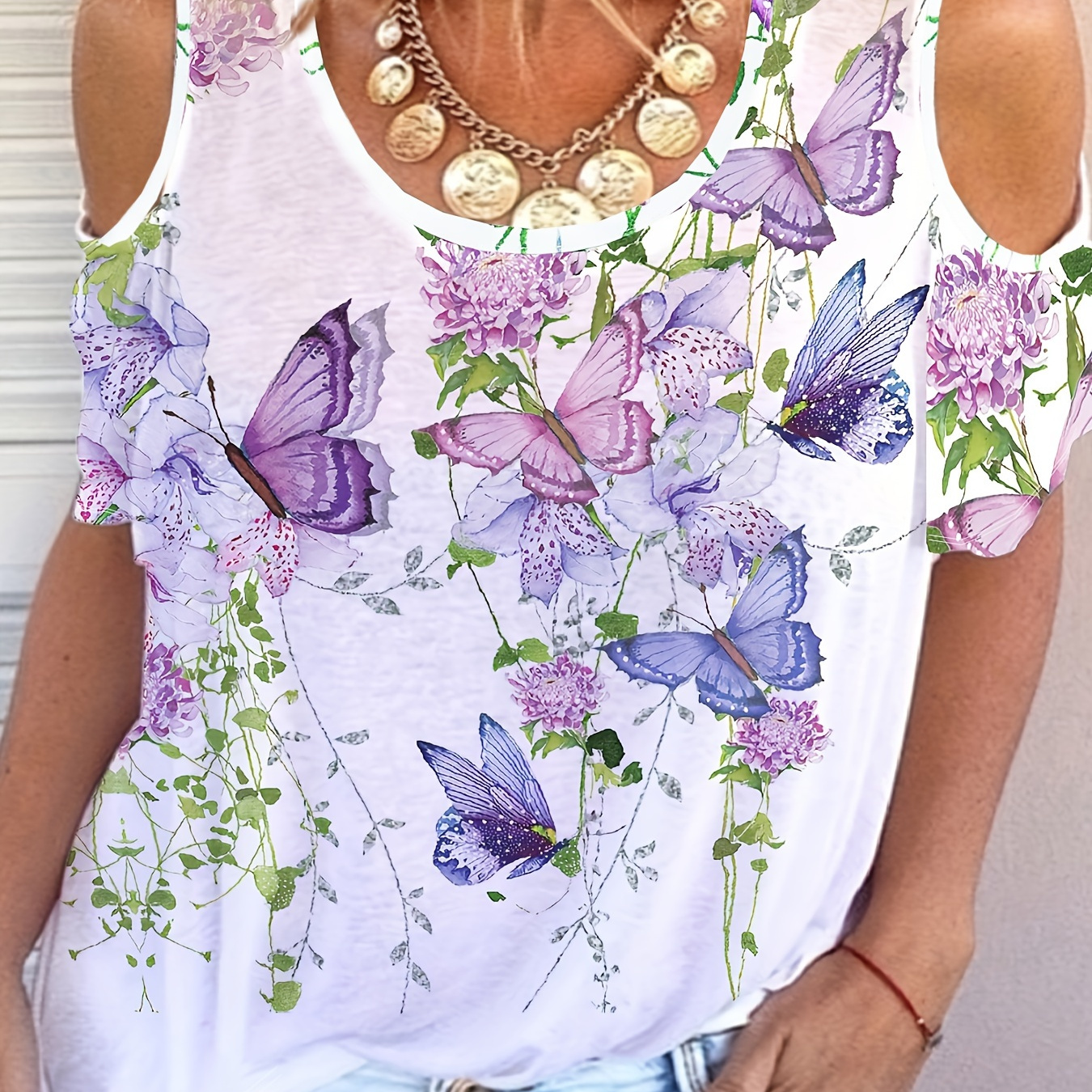 

Plus Size Elegant T-shirt, Women's Plus Floral & Butterfly Print Cold Shoulder Short Sleeve Tee
