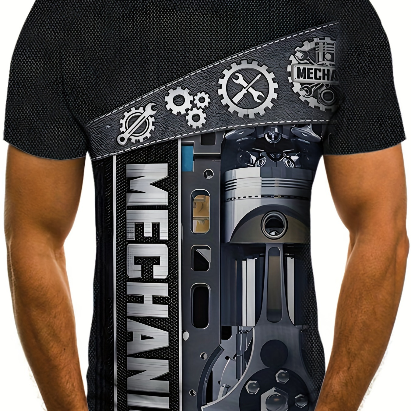 

Mechanic Tool Box Print T-shirt, Men's Casual Street Style Stretch Round Neck Tee Shirt For Summer