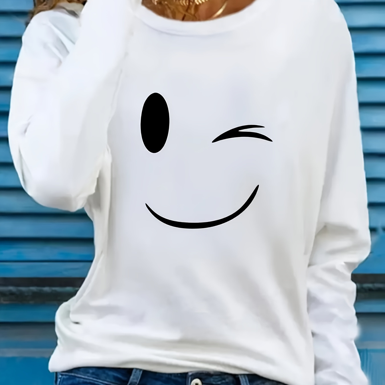 

Plus Size Elegant Crew Neck T-shirt, Polyester Knit Fabric With Medium Stretch, Geometric Smile Pattern, With Applique Detail, For All