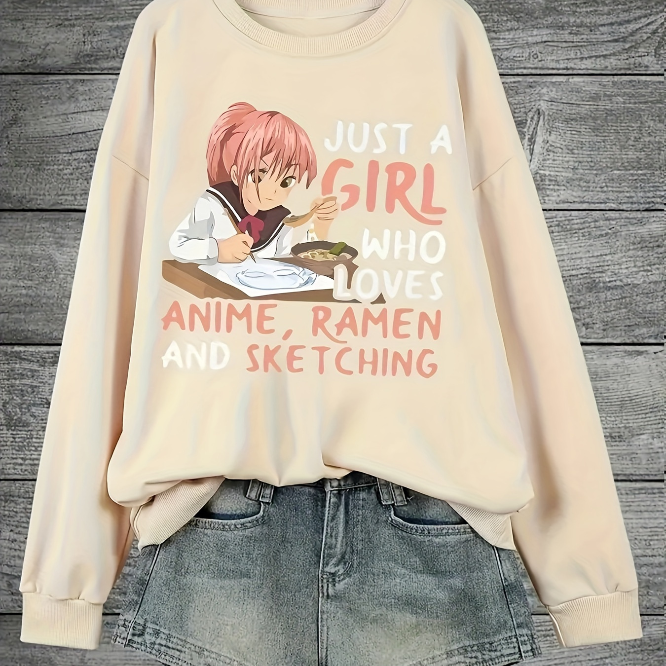 

Plus Size Anime Print Sweatshirt, Crew Neck Casual Sweatshirt For Fall & Spring, Women's Plus Size Clothing