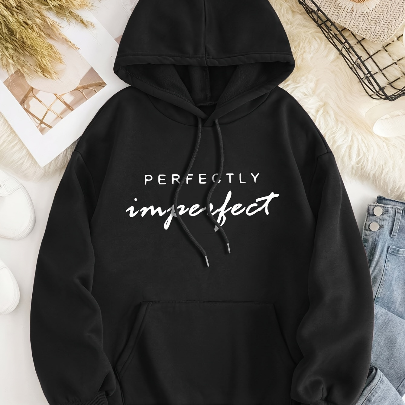 

Women's Plus Size Casual Hoodie With "perfectly " Letter Print, 100% Polyester Knit Fabric, Stretch Pullover Sweatshirt For Fall/winter, Drawstring Hooded Top