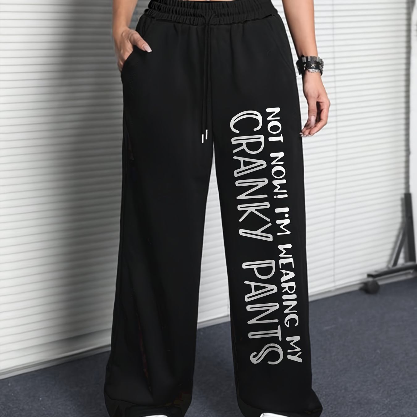 

Winter Style, Women's "not " Printed Wide-leg Sweatpants - Casual & , High-waisted With Cuffs, Polyester, Machine Washable - Black