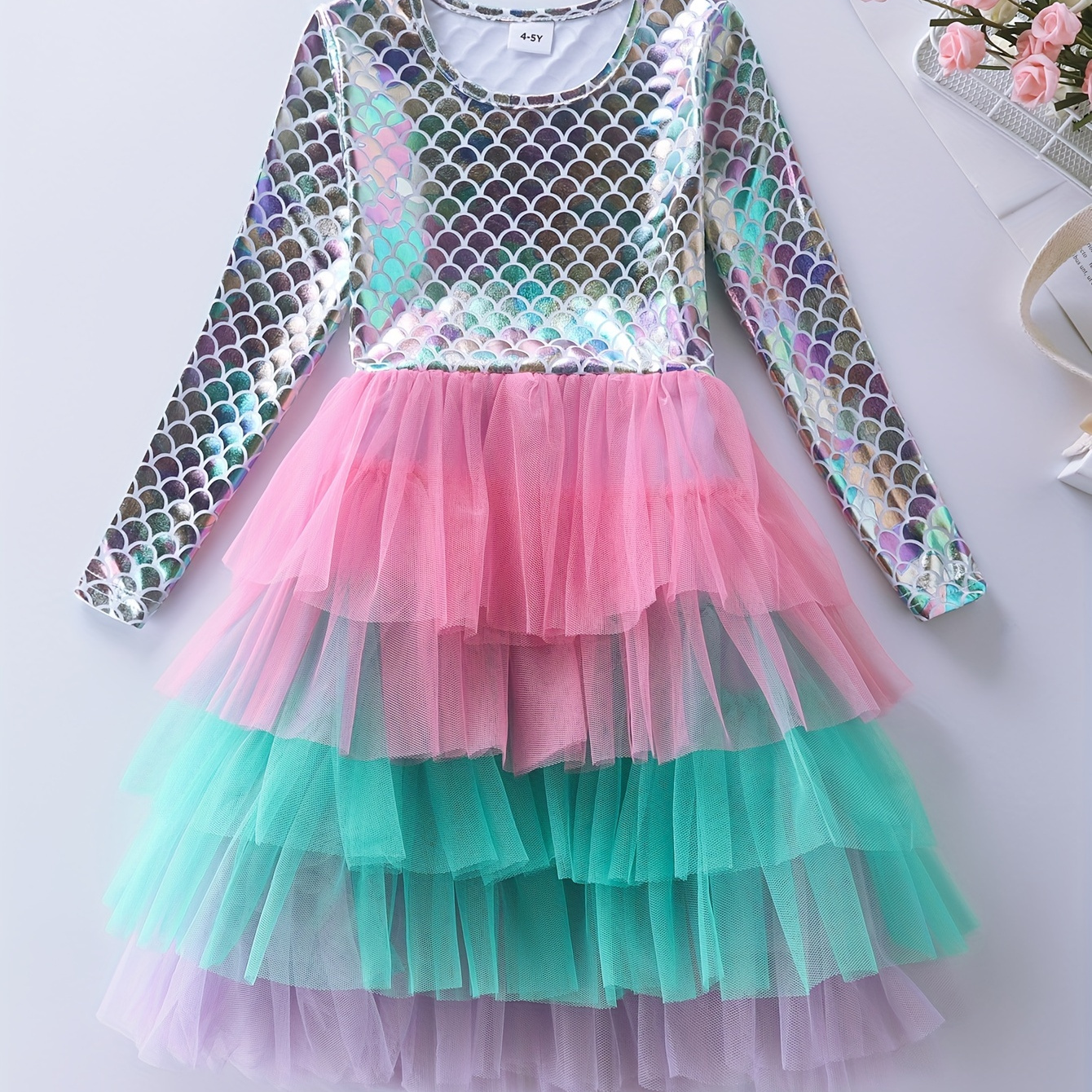 

Girls Trendy Fish Scale Pattern Long Sleeve Layered Tutu Dress Kids Clothes For Fall Party Gift