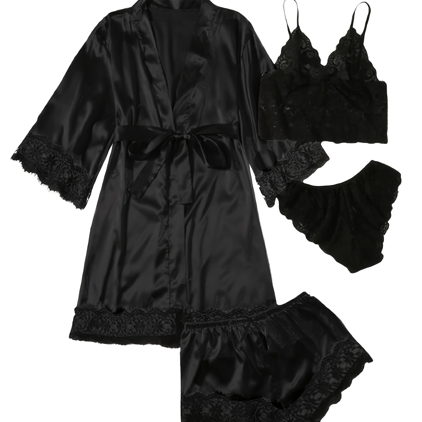 

Women' Satin Pajamas Set 4pcs Lingerie Floral Lace Cami Sleepwear With Robe