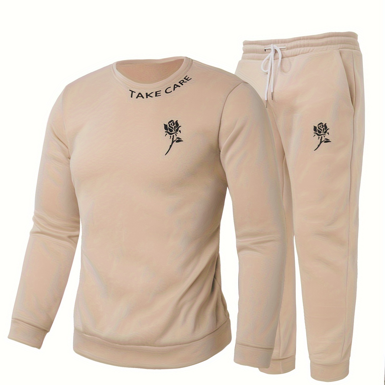 

Rose Print, Men's 2pcs Outfits, Casual Crew Neck Long Sleeve Pullover Sweatshirt And Drawstring Sweatpants Joggers Set For Spring Fall, Men's Clothing