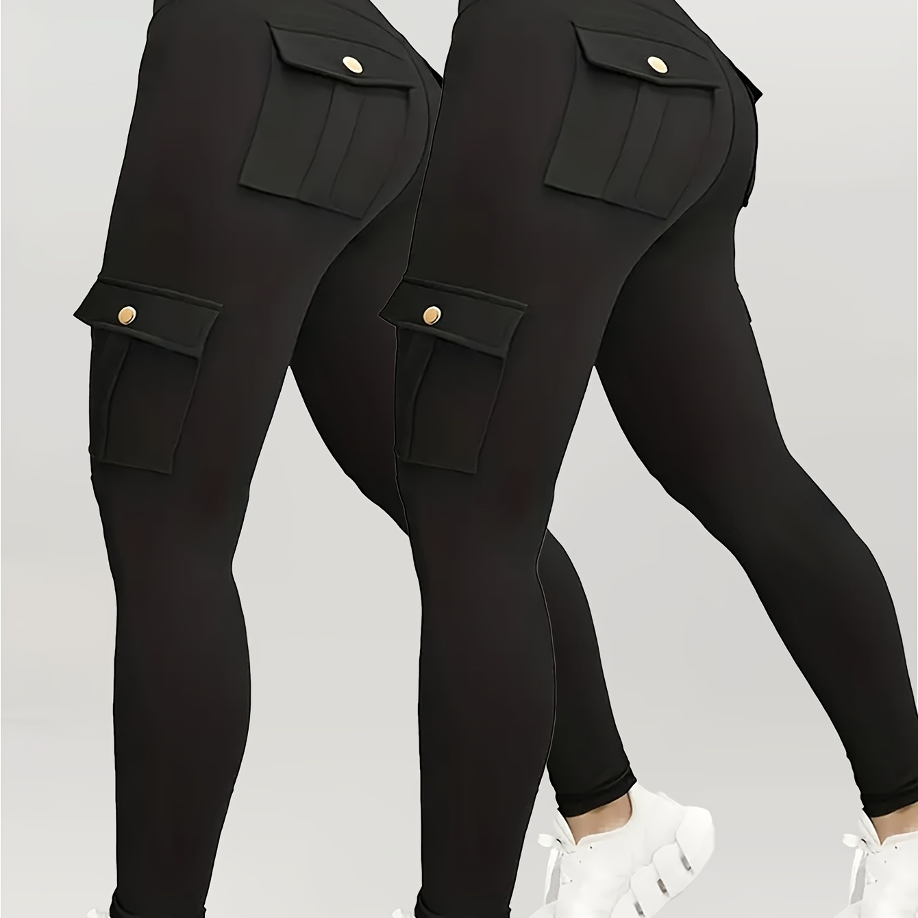 

2pcs Of Solid Color -waist Pants, Casual Tight Button-embellished Pants