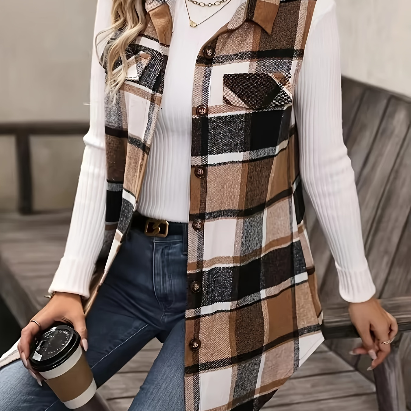 

Plus Size Casual Jacket, Women's Plus Print Button Up Lapel Collar Tunic Vest Coat