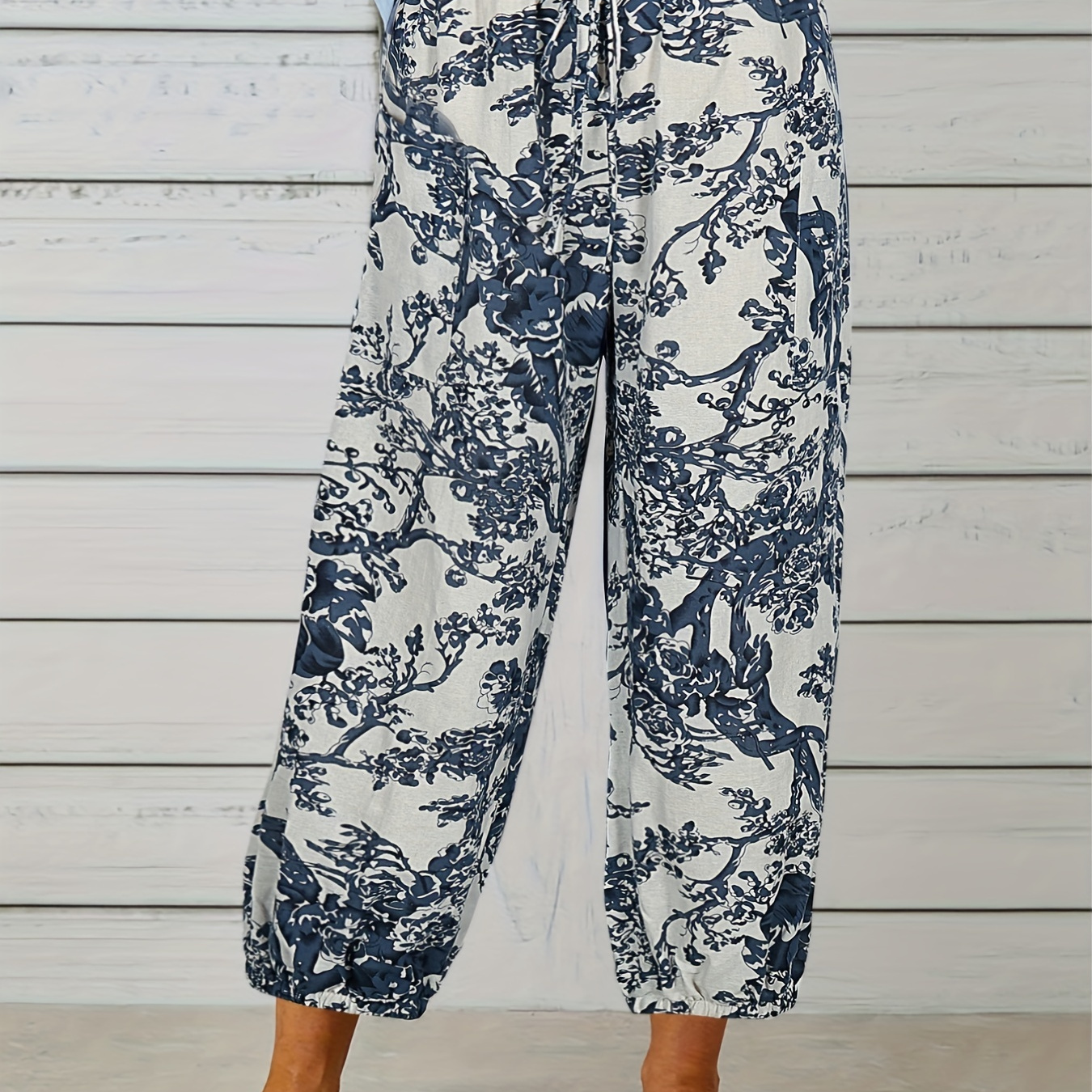 

Plus Size Casual Pants, Women's Plus Floral Print Elastic Drawstring High Rise Slight Stretch Carrot Pants