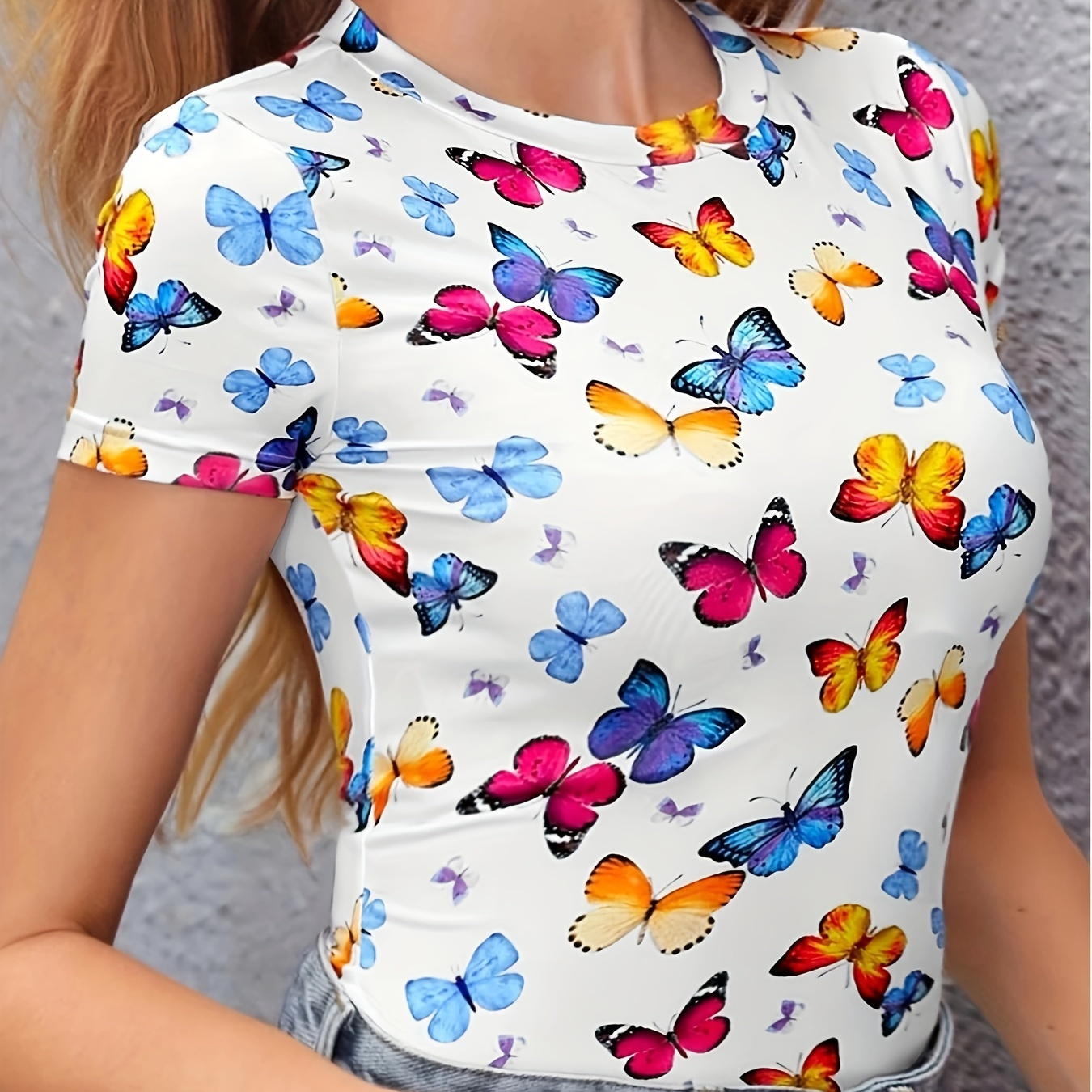 

Butterfly Print Crew Neck T-shirt, Casual Short Sleeve T-shirt For Spring & Summer, Women's Clothing