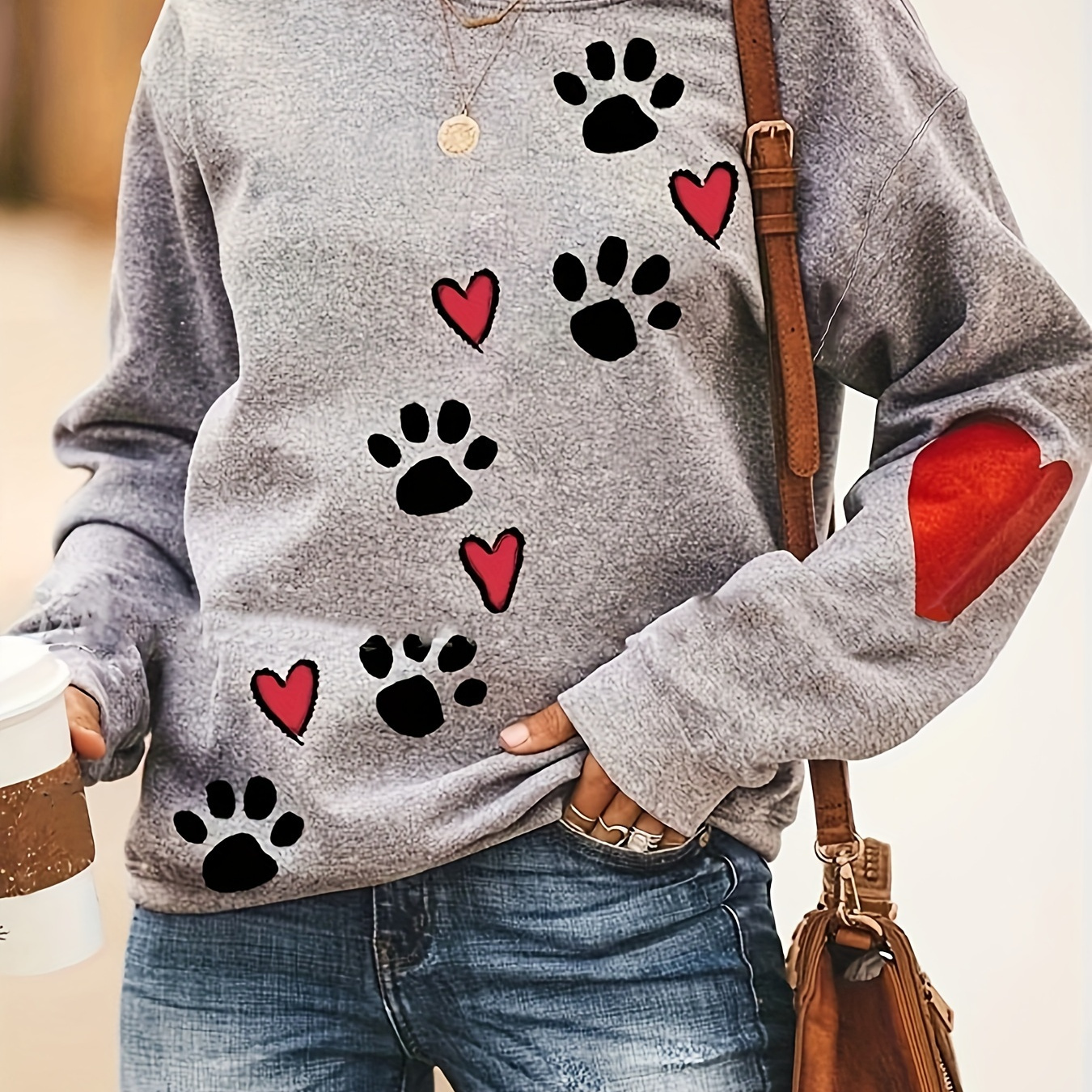 

Plus Size Casual Sweatshirt, Women's Plus Paw & Heart Print Long Sleeve Round Neck Sweatshirt