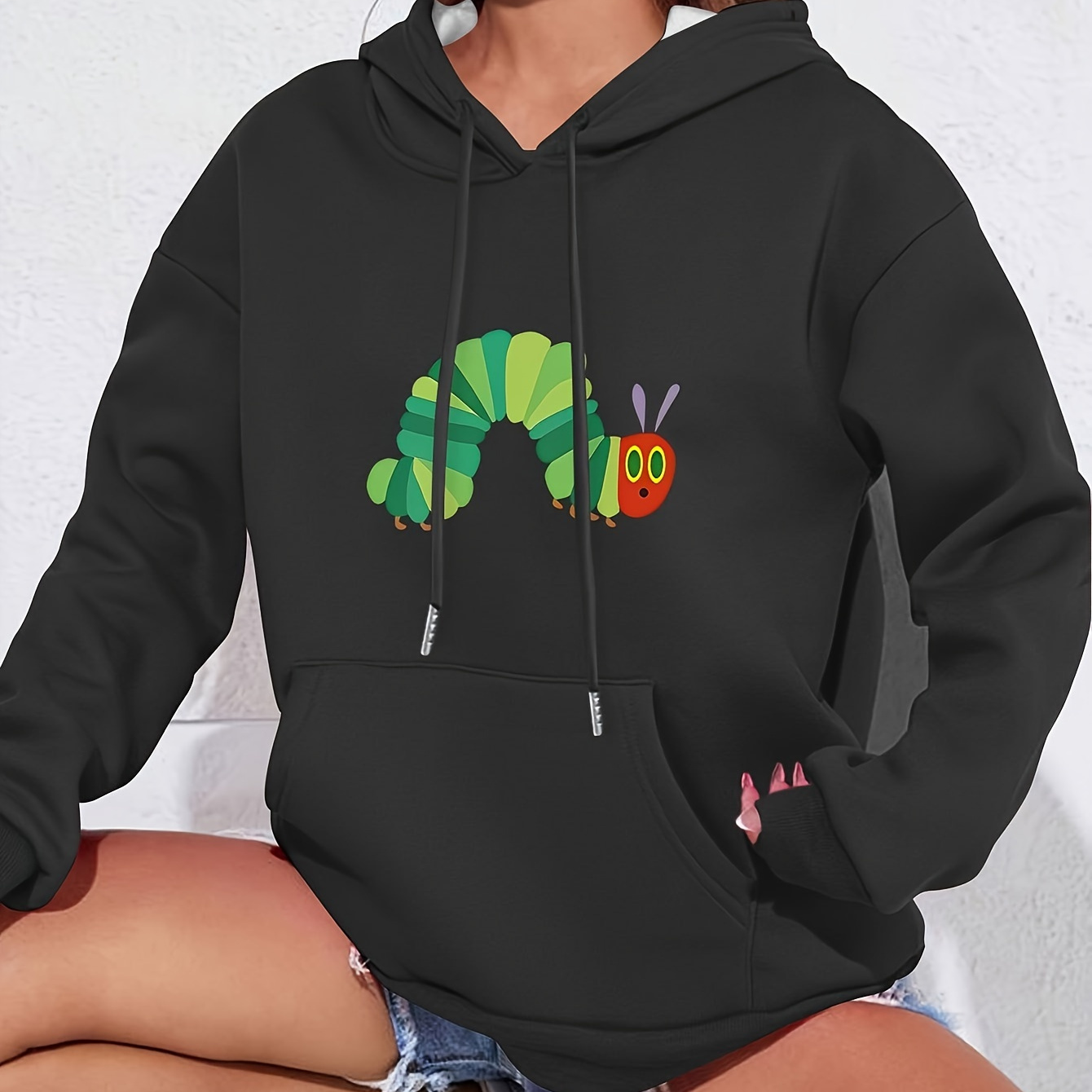 

Women's Casual Hoodie With Cute Cartoon Print - Cozy Drawstring Pullover With Pockets, Fall & Winter, Loose, Women's, Hoodie, Casual, Drawstring
