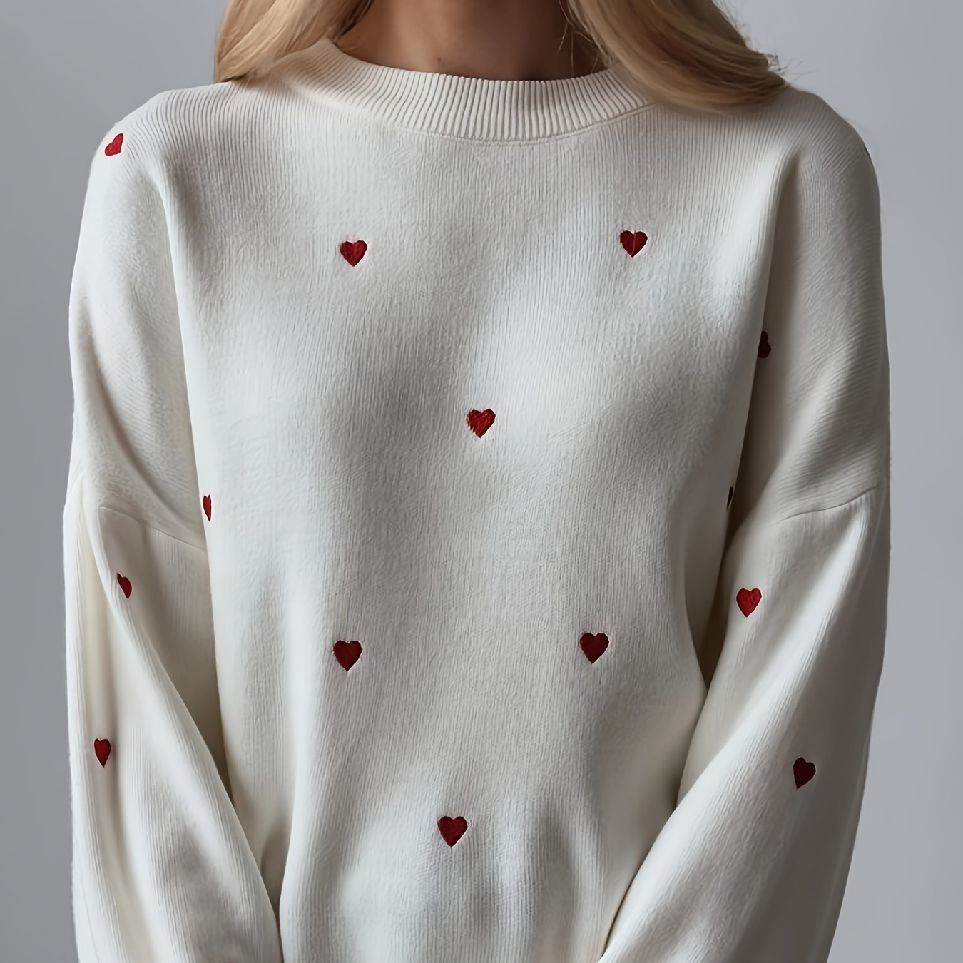 

Valentine's Day Heart Pattern Crew Neck Knit Sweater, Casual Long Sleeve Pullover Sweater, Women's Clothing