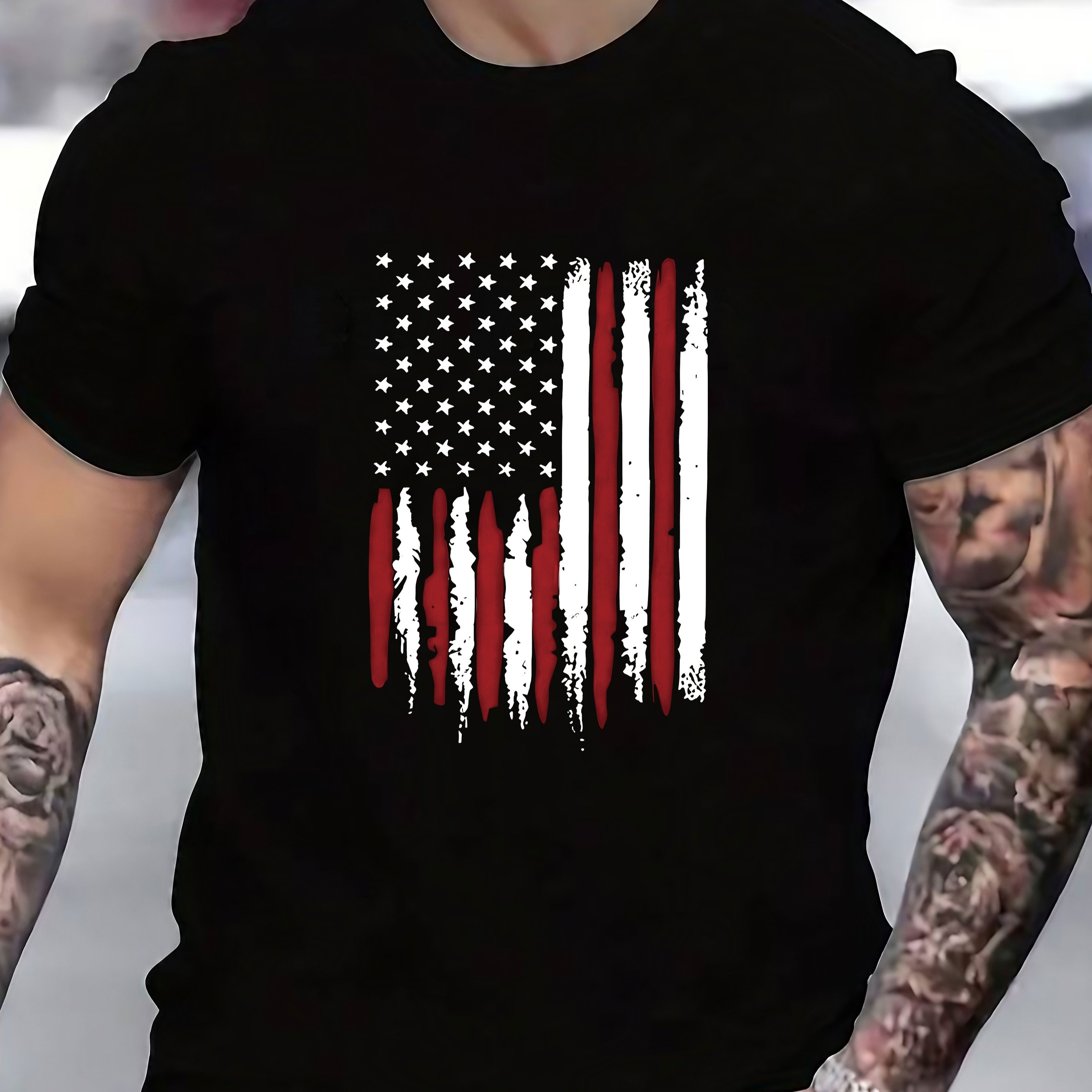 

Creative American Flag Print Men's Crew Neck Short Sleeve T-shirt, Casual Summer T-shirt For Daily Wear And Vacation Resorts