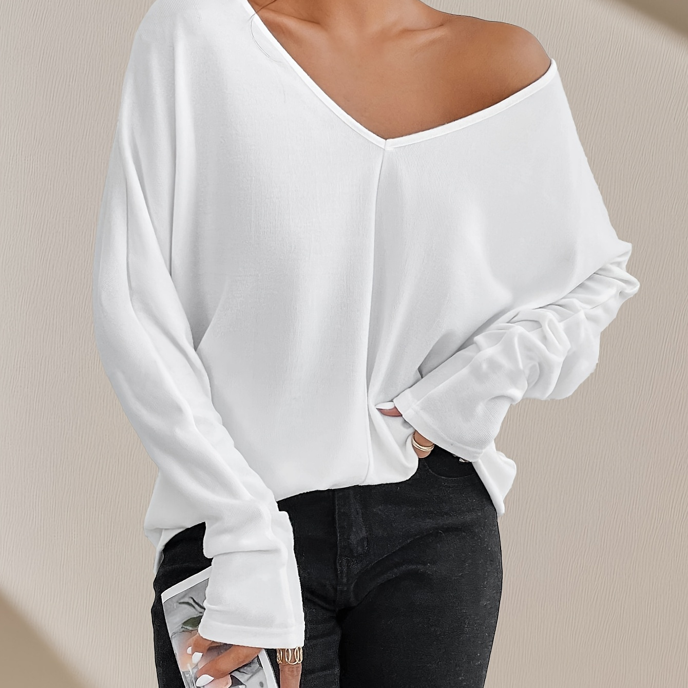 

Women' Solid Color Deep V-neck Long Sleeve T-shirt, Casual Knit Polyester 90% Spandex 10% , Spring/fall Top