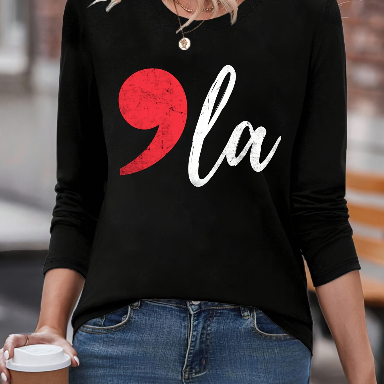 

Comma La Funny Graphic Print Long Sleeve Crew Neck T-shirt - Soft Medium Stretch Fabric, Casual Regular Fit For Spring & Fall - Womens Drawing Patterned Knit Fabric Clothing