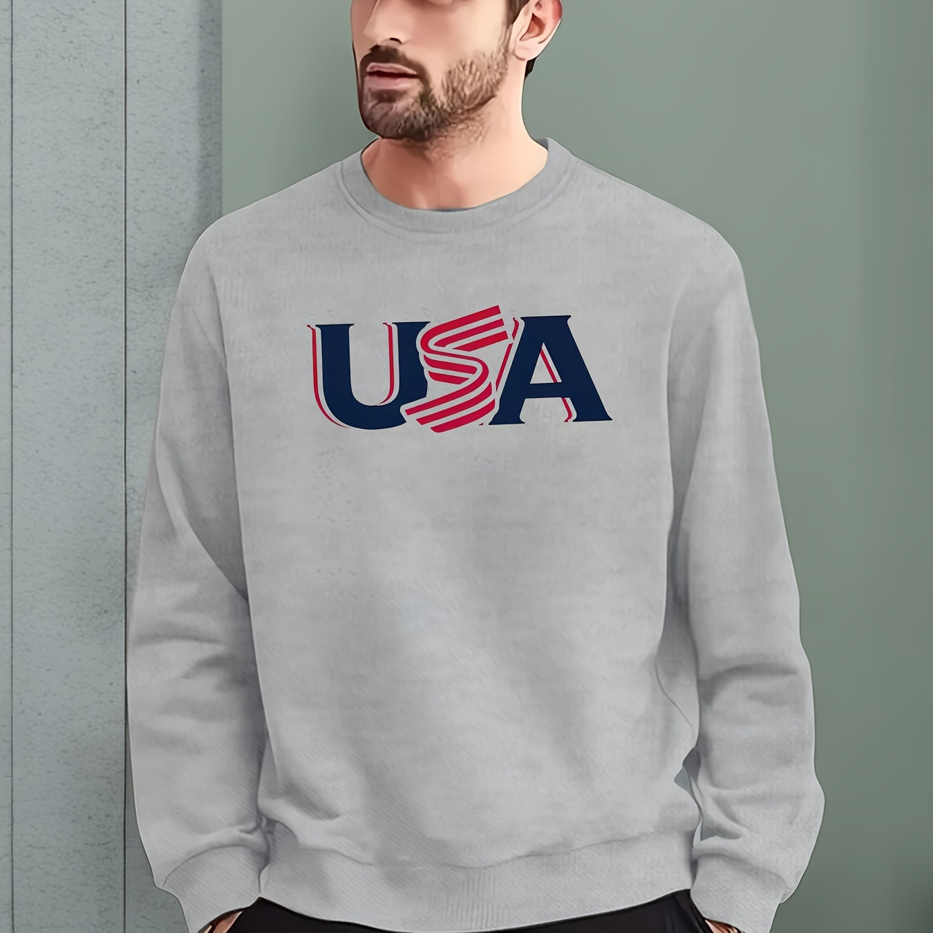 

Usa Print Trendy Sweatshirt, Men's Casual Graphic Design Slightly Stretch Crew Neck Pullover Sweatshirt For Autumn Winter