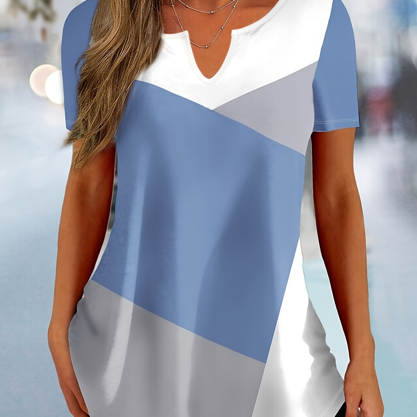 

Color Block Notched Neck T-shirt, Casual Short Sleeve Top For Spring & Summer, Women's Clothing