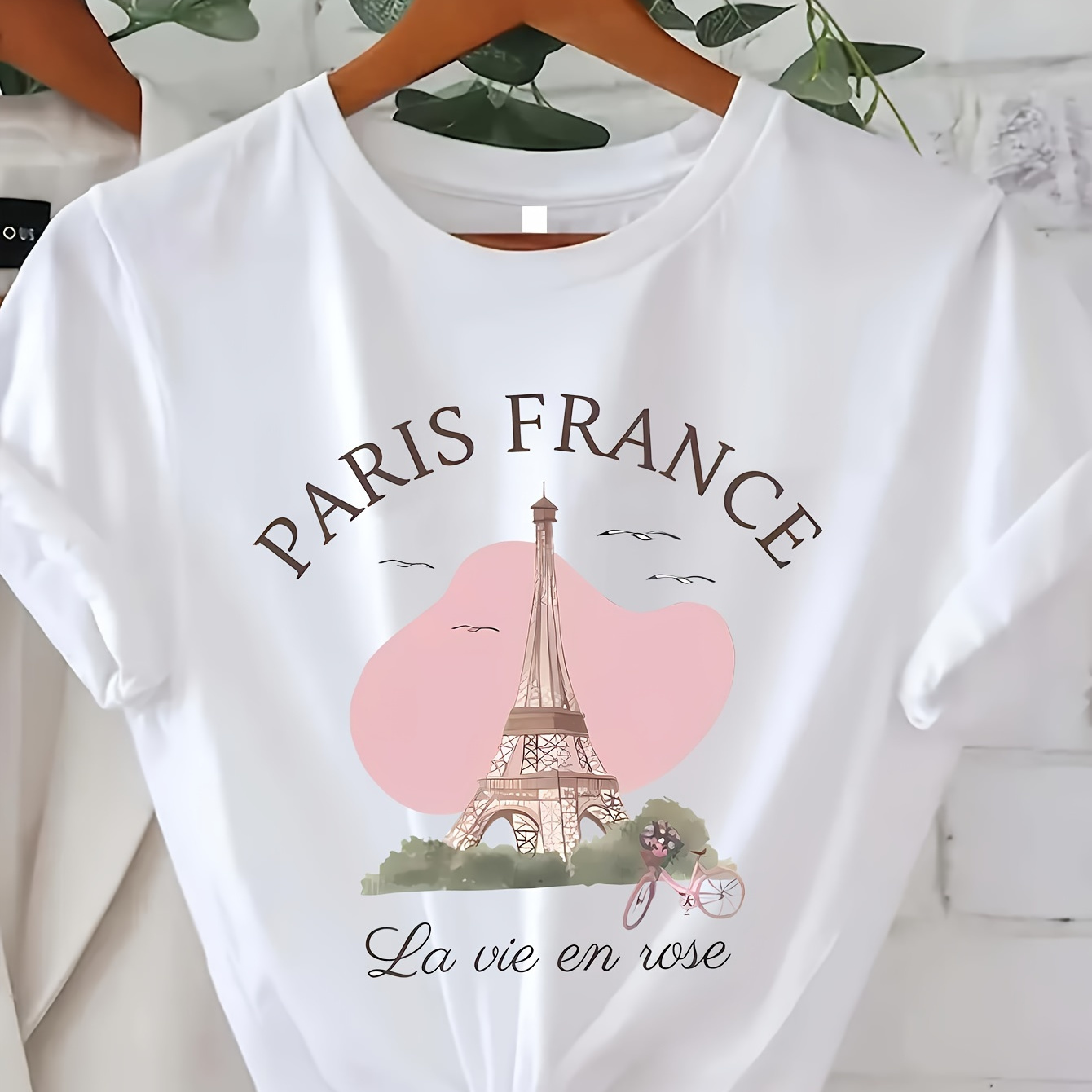 

Eiffel Tower Print T-shirt, Short Sleeve Crew Neck Casual Top For Summer & Spring, Women's Clothing