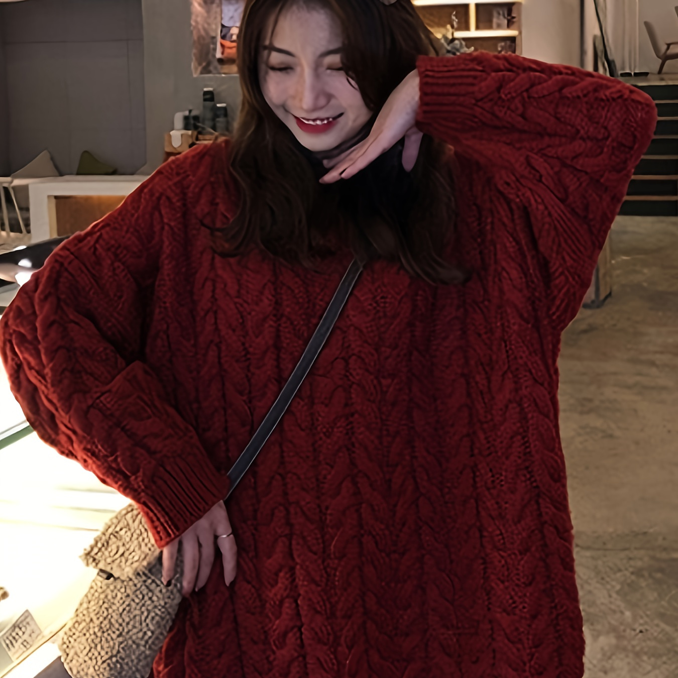 

Elegant Cherry Knit Sweater For Women - Cozy Cotton, Vintage-inspired Loose Fit With Round Neck, Mid-length