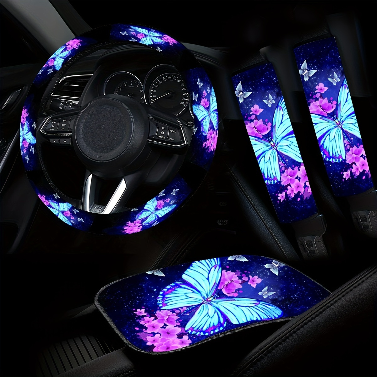 

Blue Big Butterfly Printed Car Interior Accessories 4-piece Set (1 Steering Wheel Cover + 1 Central Armrest Pad + 2 Seat Belt Shoulder Protector)