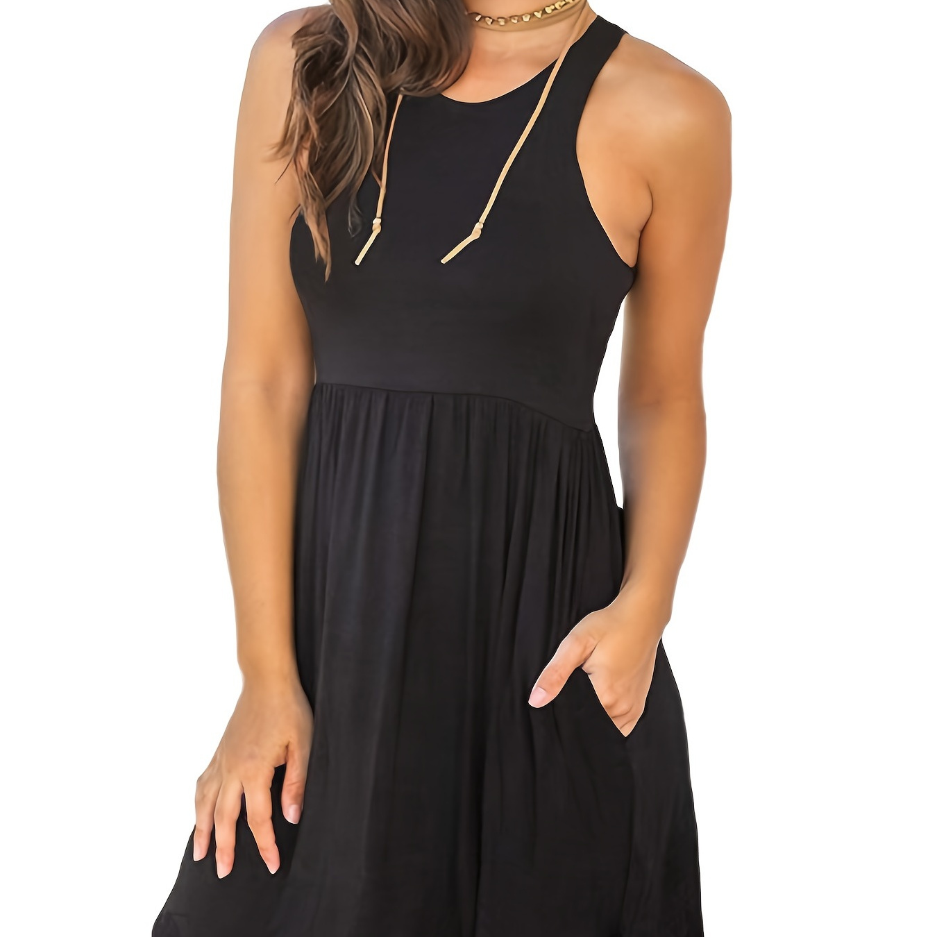 

Solid Pocket Tank Dress, Casual Crew Neck Sleeveless Tank Dress, Women's Clothing