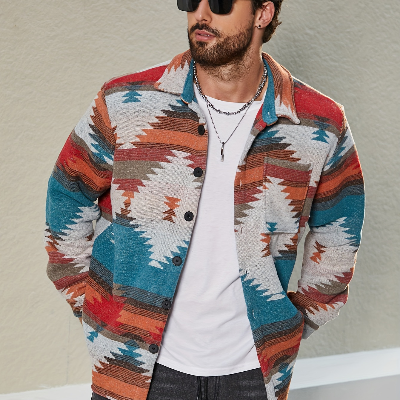 

Plus Size Men's Geometric Pattern Print Jacket, Fashion Casual Fleece Jacket, Men's Clothing, Best Seller