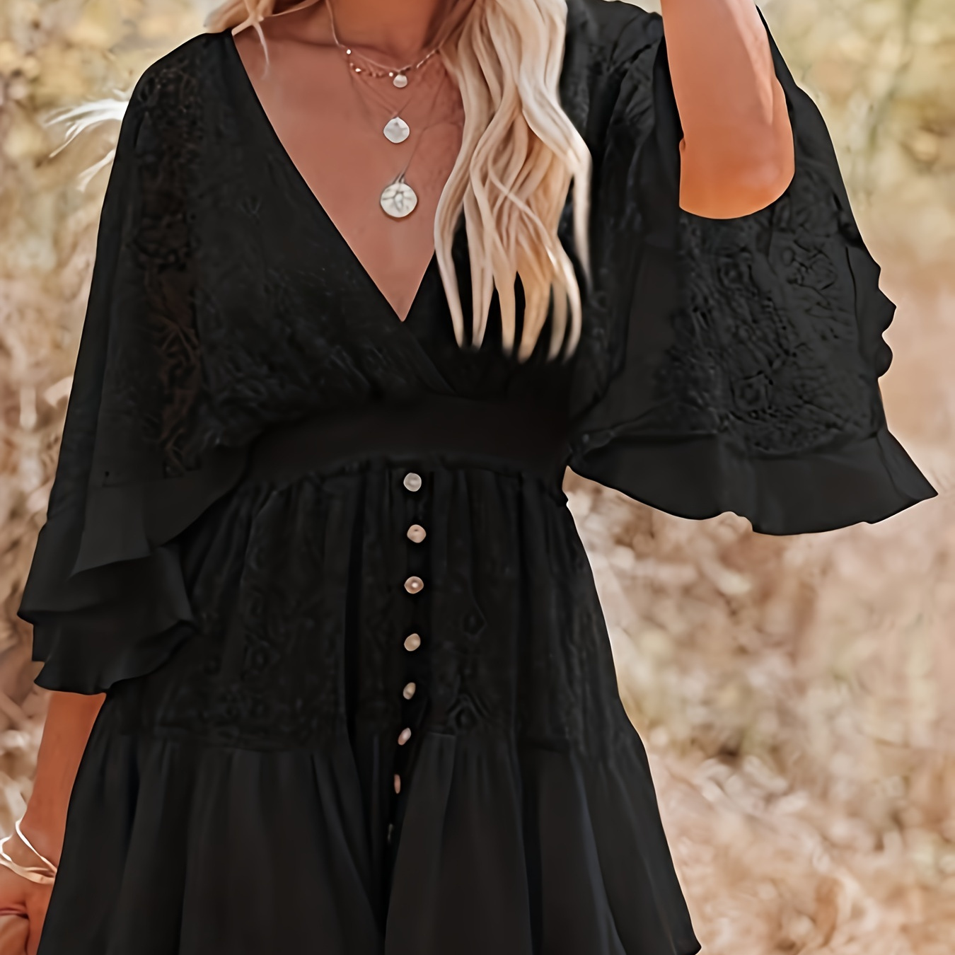 

Lace Splicing Surplice Neck Dress, Elegant Batwing Sleeve Ruffle Hem Mini Dress For Spring & Summer, Women's Clothing