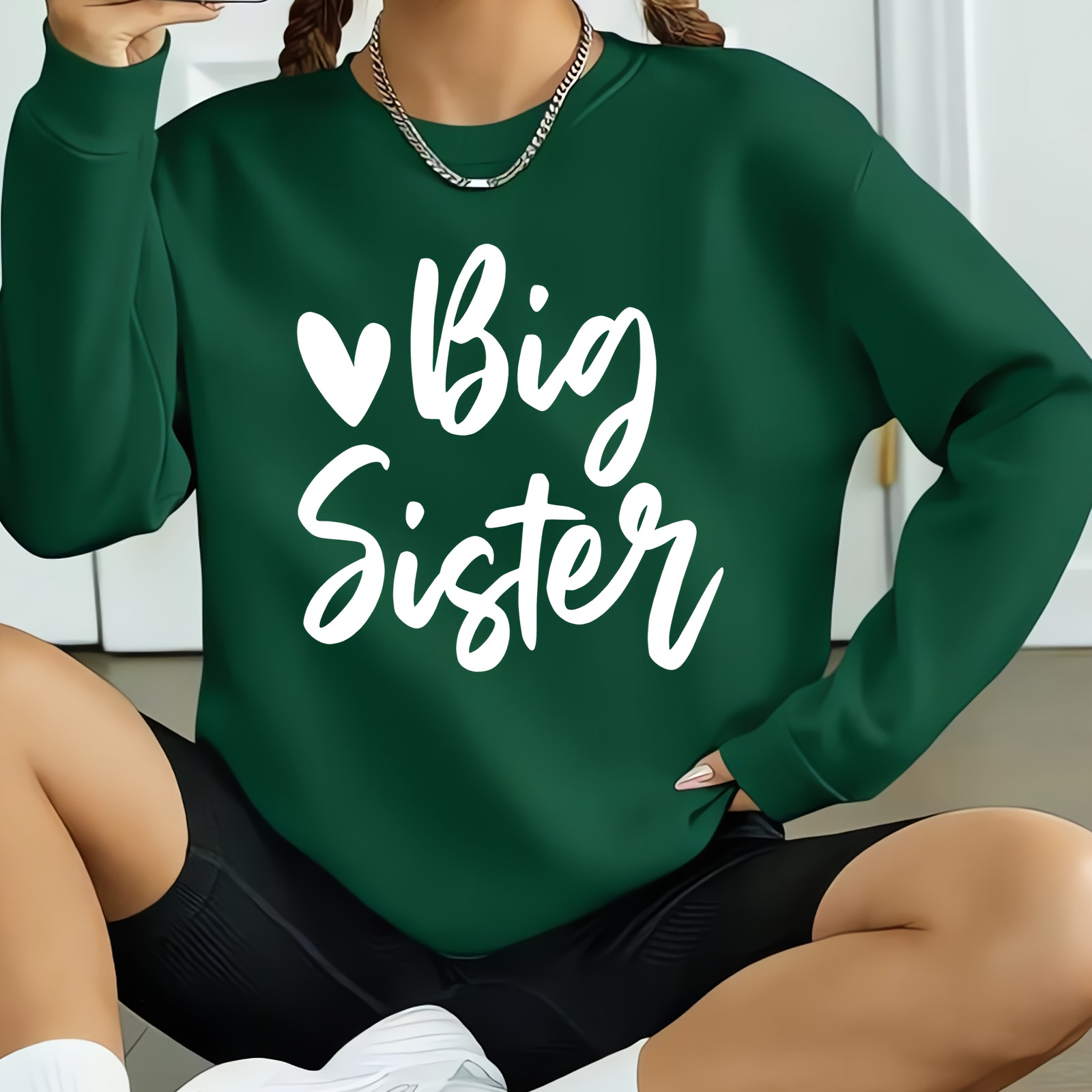 

Women's "big Sister" Printed Sweatshirt, Fashionable Round Neck Pullover, Casual Autumn/winter Wear, Loose Fit, Comfortable, Polyester Knit, Geometric Pattern, Adult Size