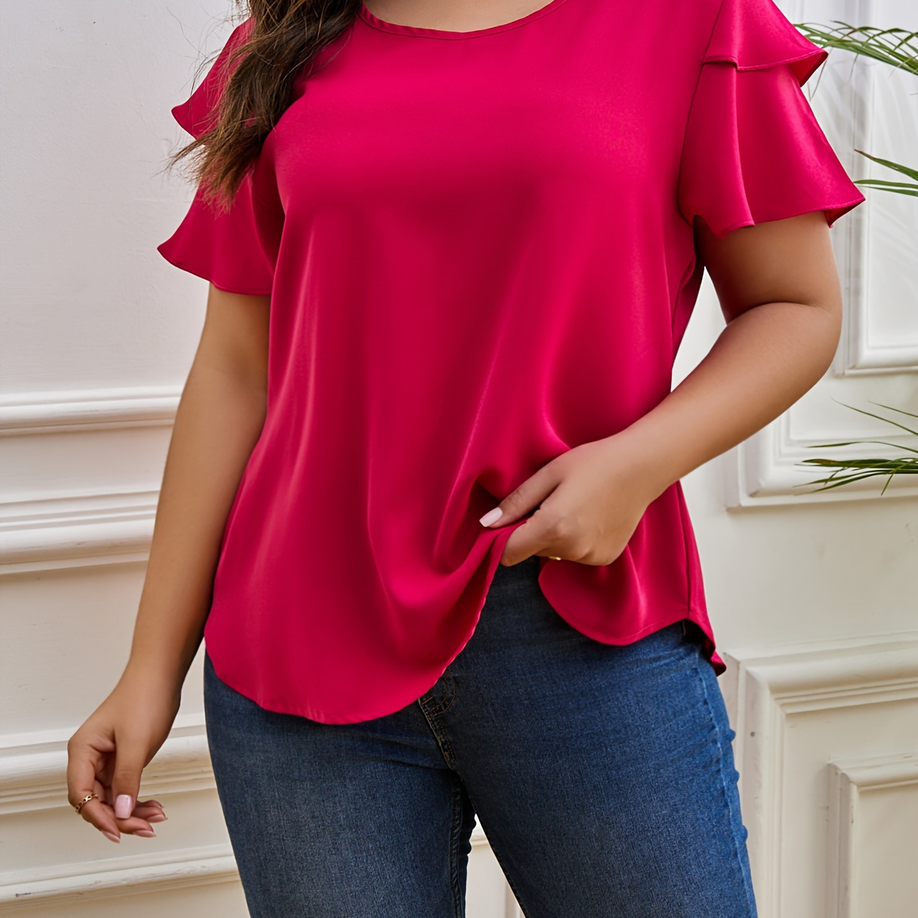 

Solid Crew Neck Blouse, Elegant Layered Ruffle Sleeve Top For Spring & Summer, Women's Clothing