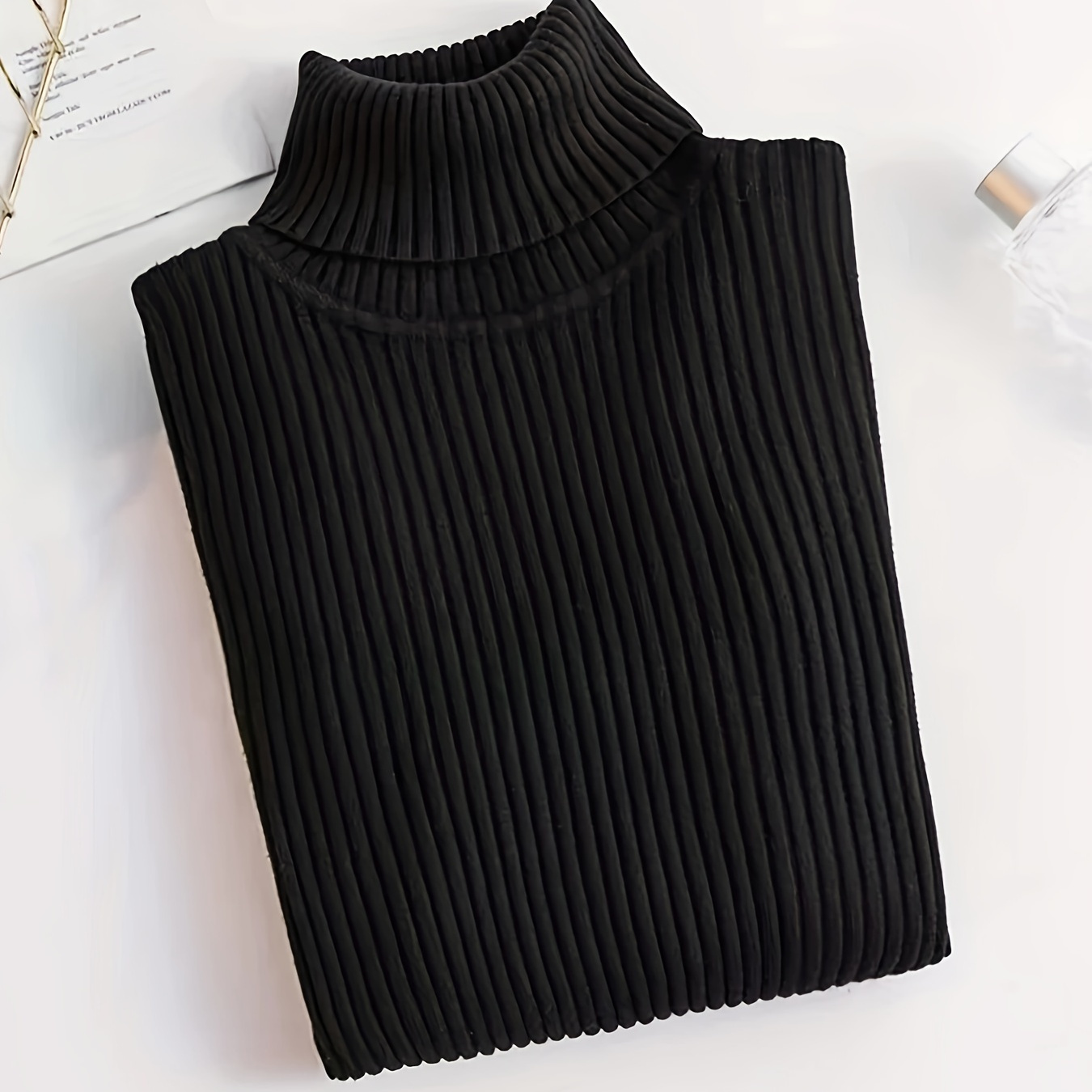 

Elegant Turtleneck Ribbed Knit Sweater For Women - Long Sleeve, Bodycon Fit, Layering & Slimming Outfit, Machine Washable, For Winter, Autumn