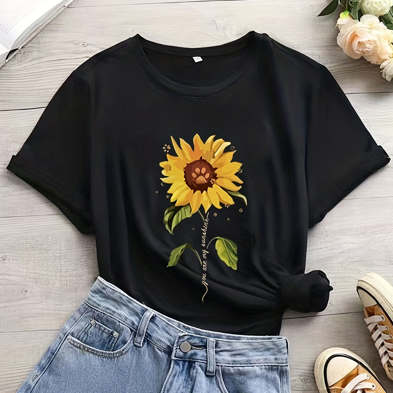 

Plus Size Casual T-shirt, Women's Plus Sunflower & Slogan Print Short Sleeve Round Neck T-shirt