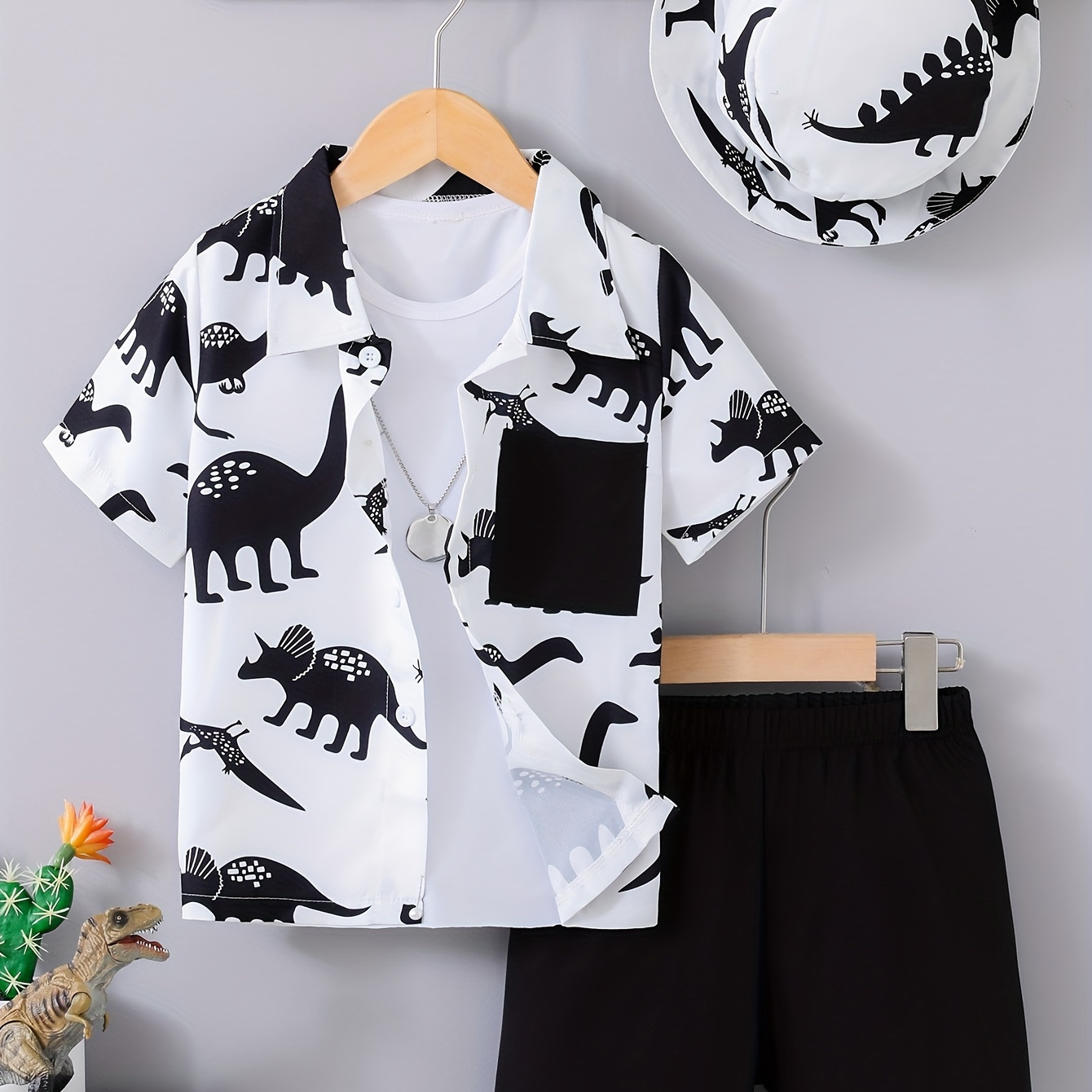 

3pcs Boys Casual Sketch Dinosaur Graphic Print Comfortable Versatile Short Sleeve Collared Shirt With Hat & Shorts Set, Cool, Lightweight And Comfy Summer Clothes