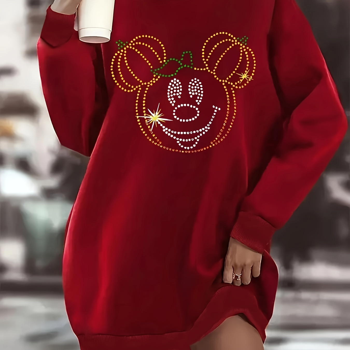 

Plus Size Cartoon Print Sweatshirt Dress For Women Casual Long Sleeve Crew Neck Knit Polyester Pullover For Fall/winter - Slight Stretch, Middle Collection