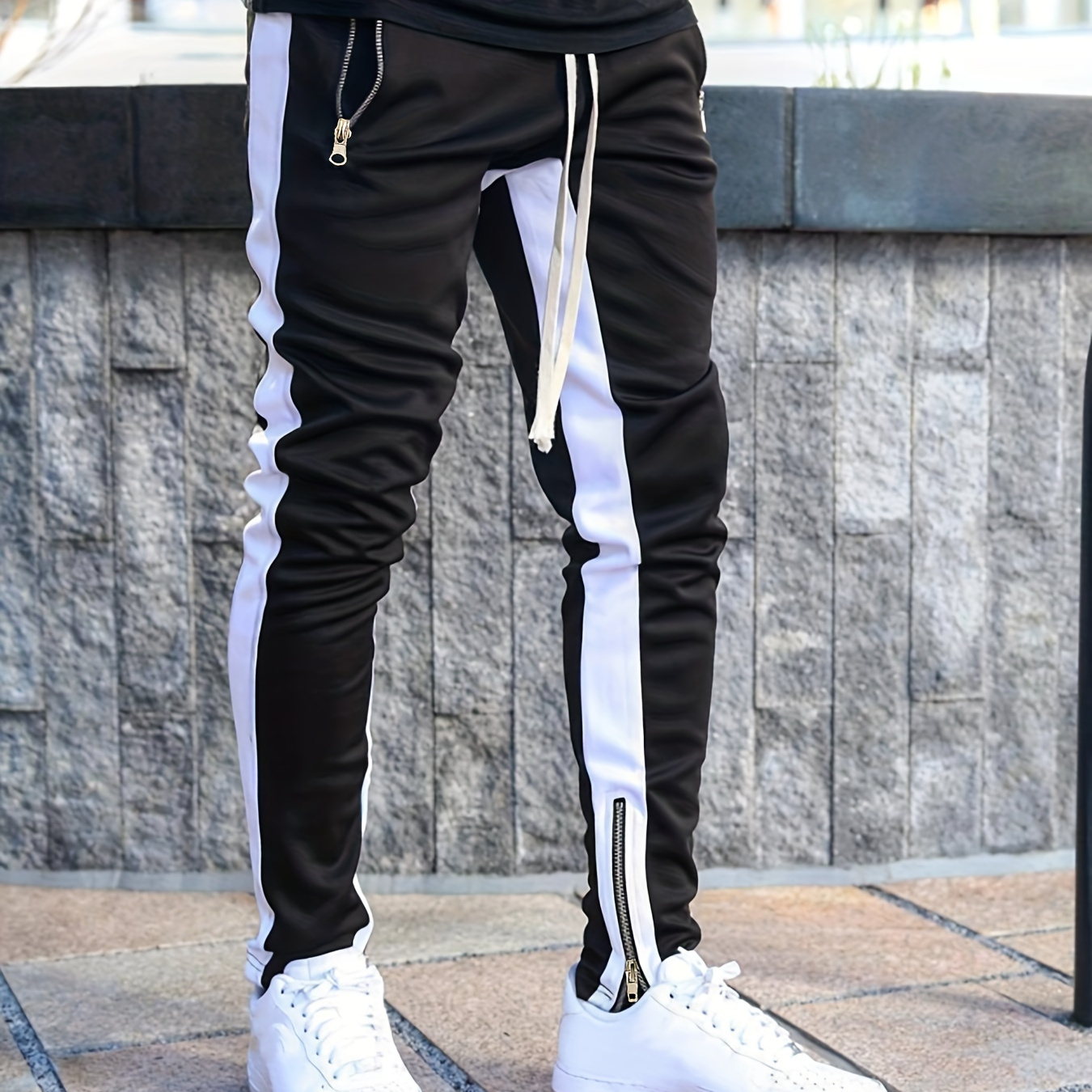 

Zipper Pocket Joggers, Men's Casual Loose Fit Slightly Stretch Waist Drawstring Pants For The 4 Seasons Fitness Cycling