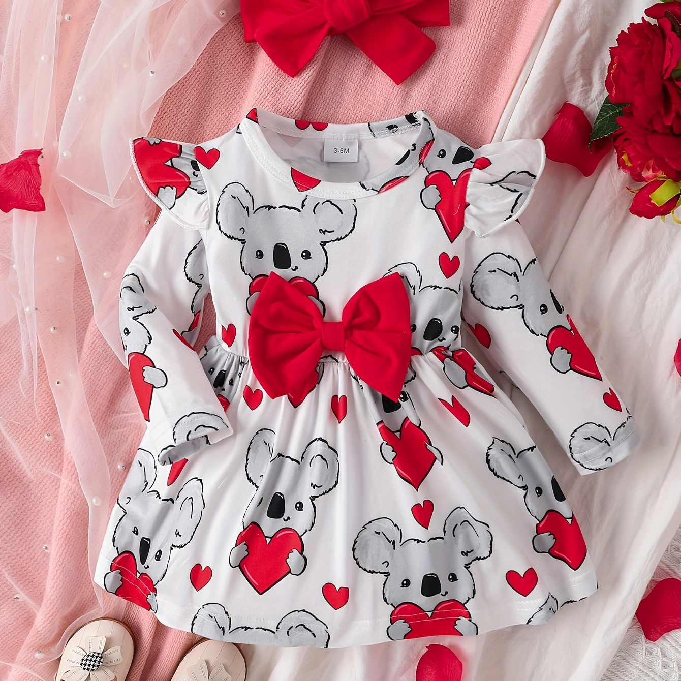 

Infant & Toddler's Cartoon Koala & Heart All-over Print Dress, Casual Long Sleeve Dress, Baby Girl's Clothing