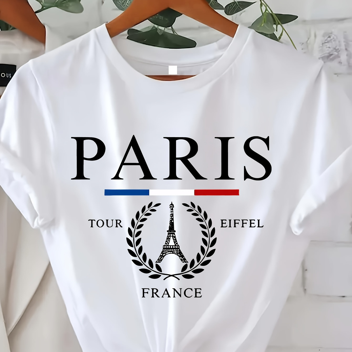 

Paris Print T-shirt, Short Sleeve Crew Neck Casual Top For Summer & Spring, Women's Clothing