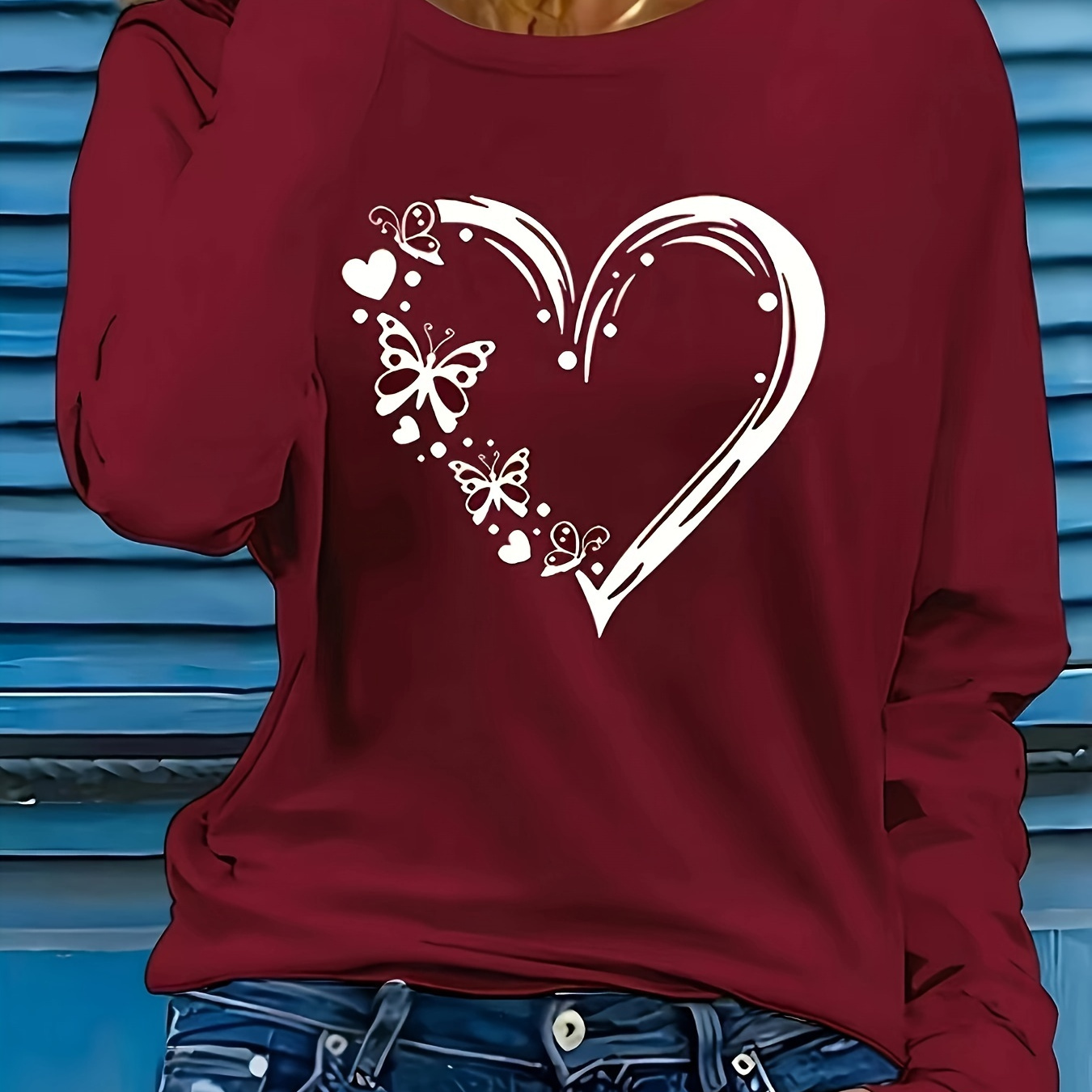 

Chic Burgundy Long Sleeve Top With White Heart & - Casual Crew Neck, Polyester-spandex , Machine Washable - Ideal For Spring/fall