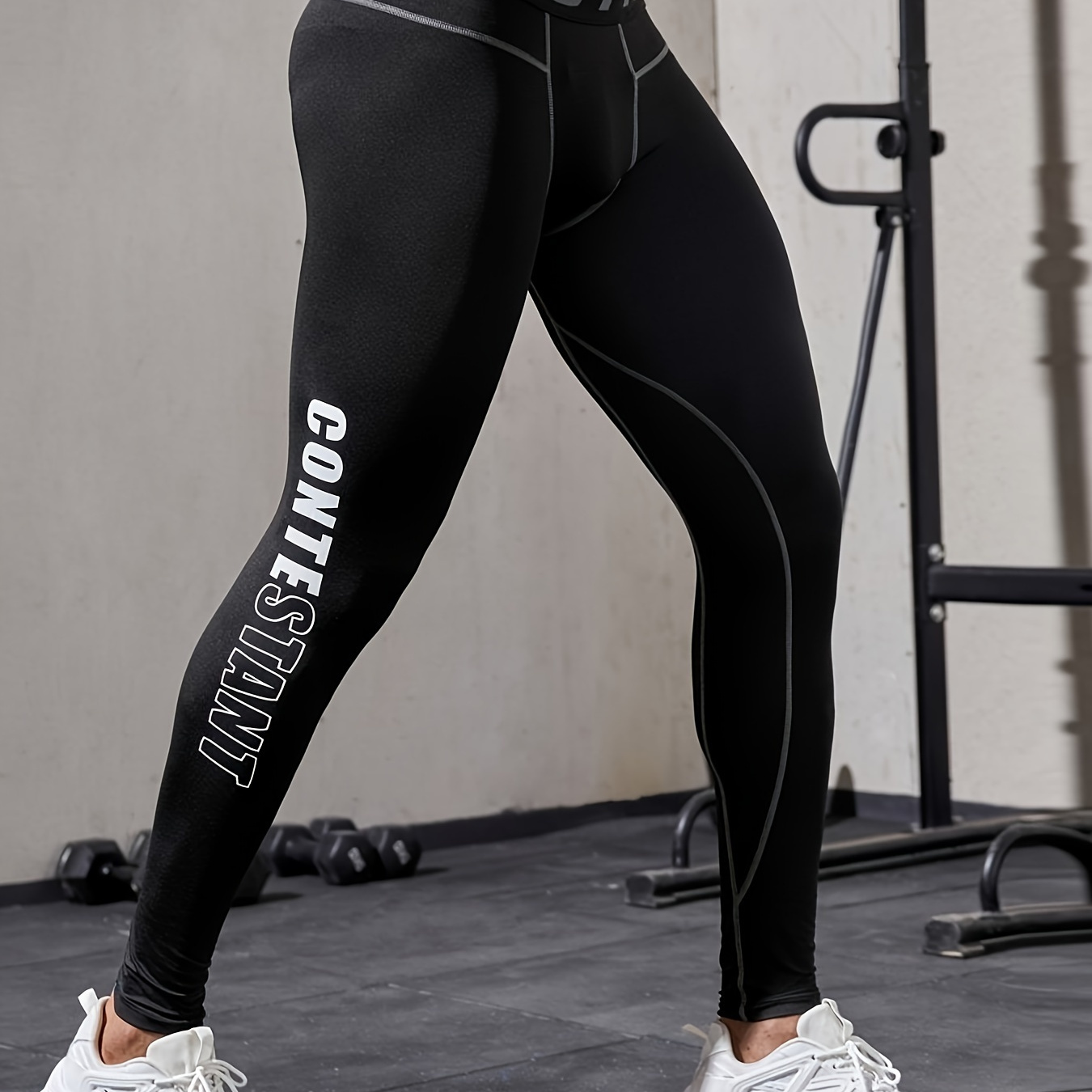 

Men's Slim Fit Leggings, Quick-dry Polyester Spandex , High Stretch, Solid Color With Letter Print, For Running, Training, And Fitness