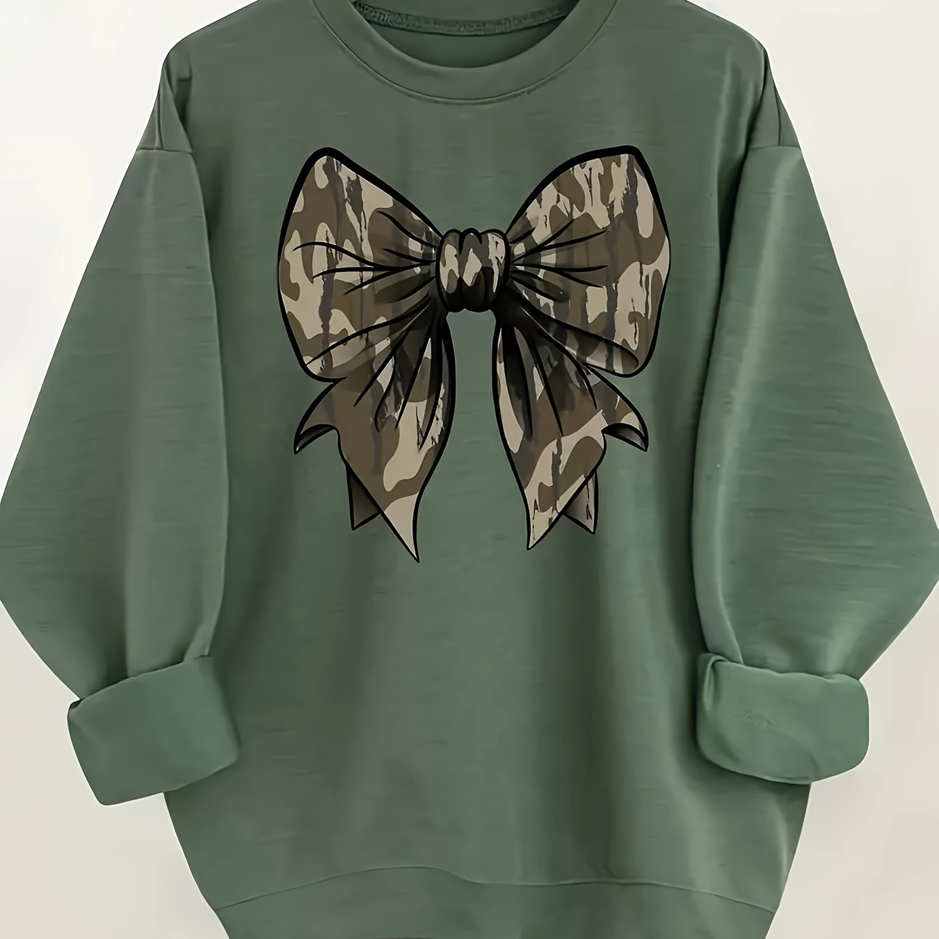 

Camouflage Bow - Printed Round Neck Hoodie - Casual Daily - Soft And Comfortable - Women's Top