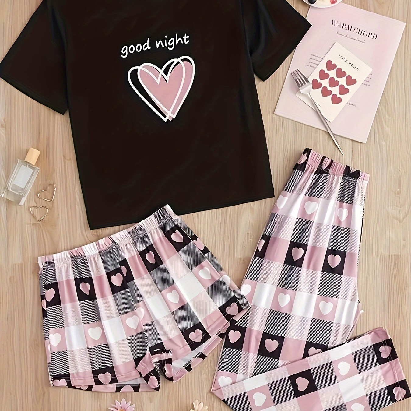 

3 Pcs Casual Heart & Slogan Print Pajama Set, Short Sleeve Round Neck Top & Plaid Shorts & Pants, Women's Sleepwear & Loungewear