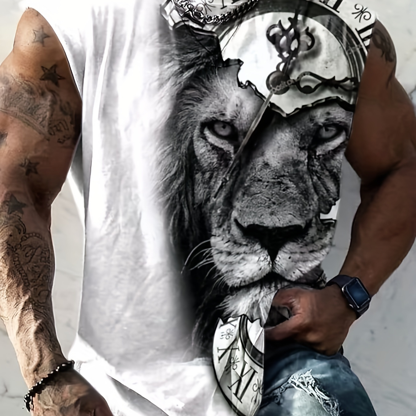 

Men's Novelty 3d Lion Graphic Tank Top For Summer, Trendy Elastic Sleeveless T-shirt For Males, Best Seller Gifts, Plus Size