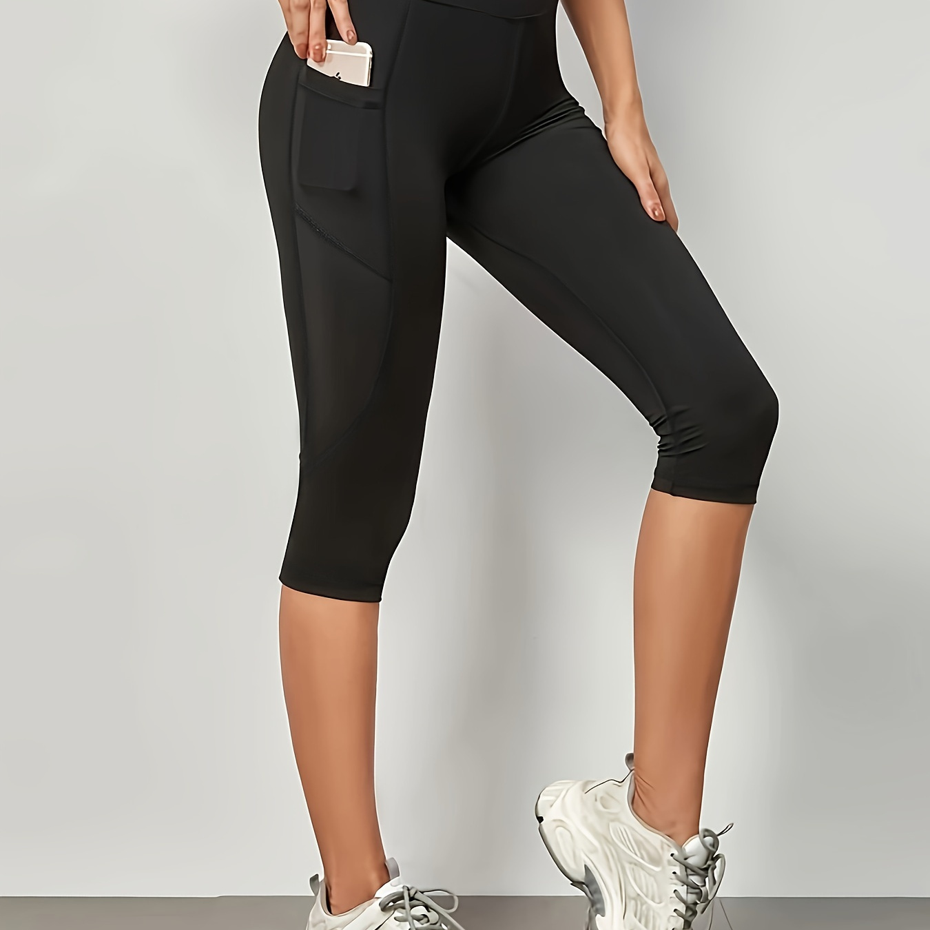 

Women's Solid Color Fashion Casual Capri Yoga Pants With Side Pockets, Comfort Fit Capri Athletic Leggings, Women's Activewear