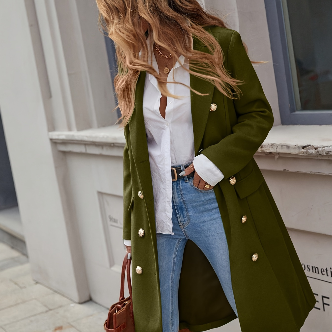 

Double-breasted Notched Lapel Coat, Elegant Solid Long Sleeve Longline Coat For Fall & Winter, Women's Clothing