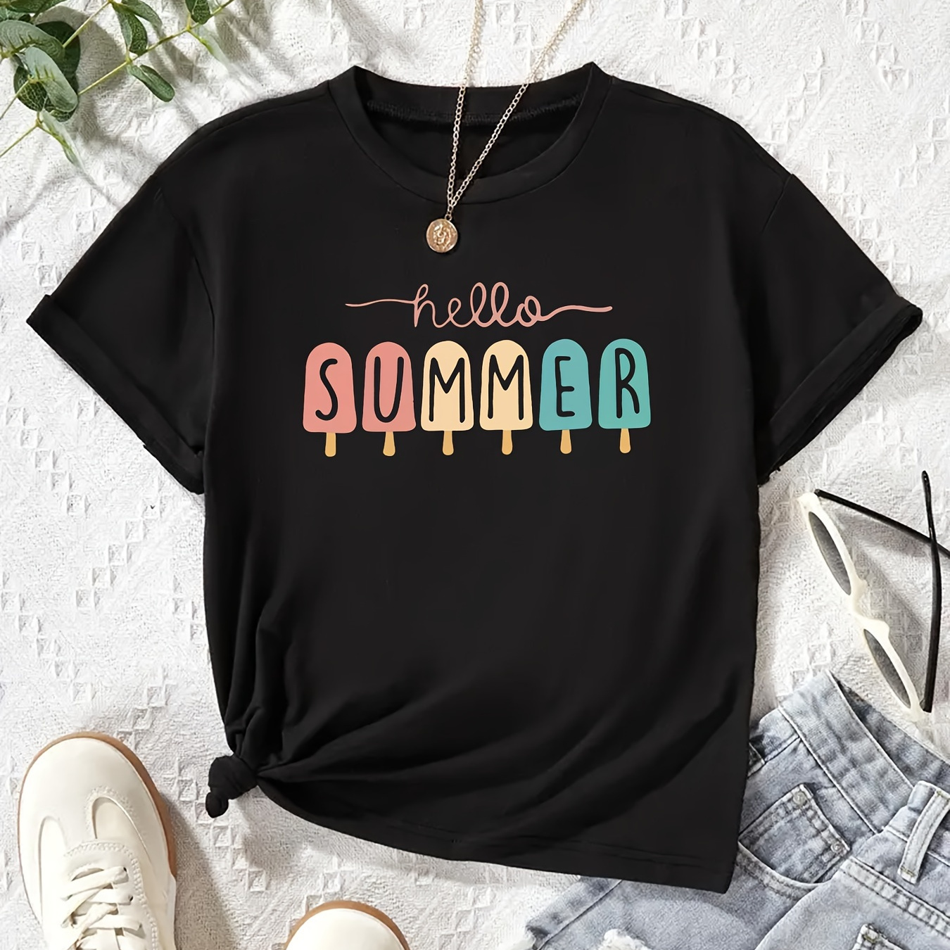 

Women's Casual Ice Pop & Letter Print T-shirt - Crew Neck, Short Sleeve, Stretchy Polyester , Machine Washable