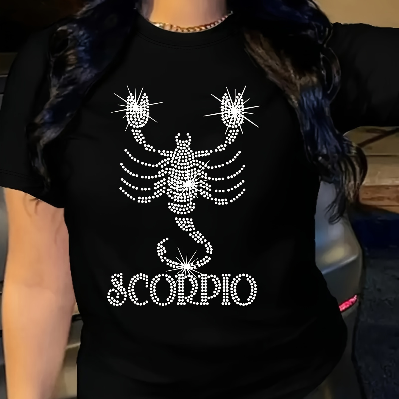 

Scorpio Print Crew Neck T-shirt, Casual Short Sleeve Top For Spring & Summer, Women's Clothing