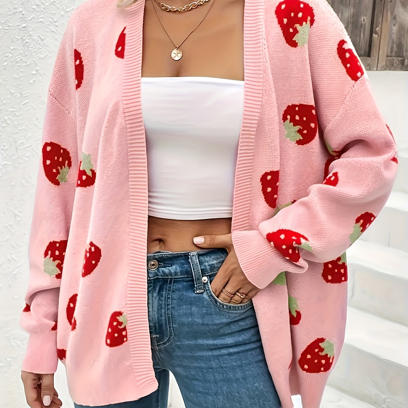 

Plus Size Strawberry Print Open Front Cardigan, Casual Long Sleeve Knitted Cardigan, Women's Plus Size Clothing